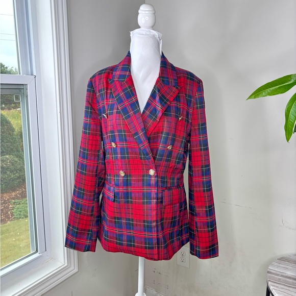 Entro Red Plaid Double-Breasted Jacket Gold Button Preppy Medium NEW BNC6 - Picture 1 of 8